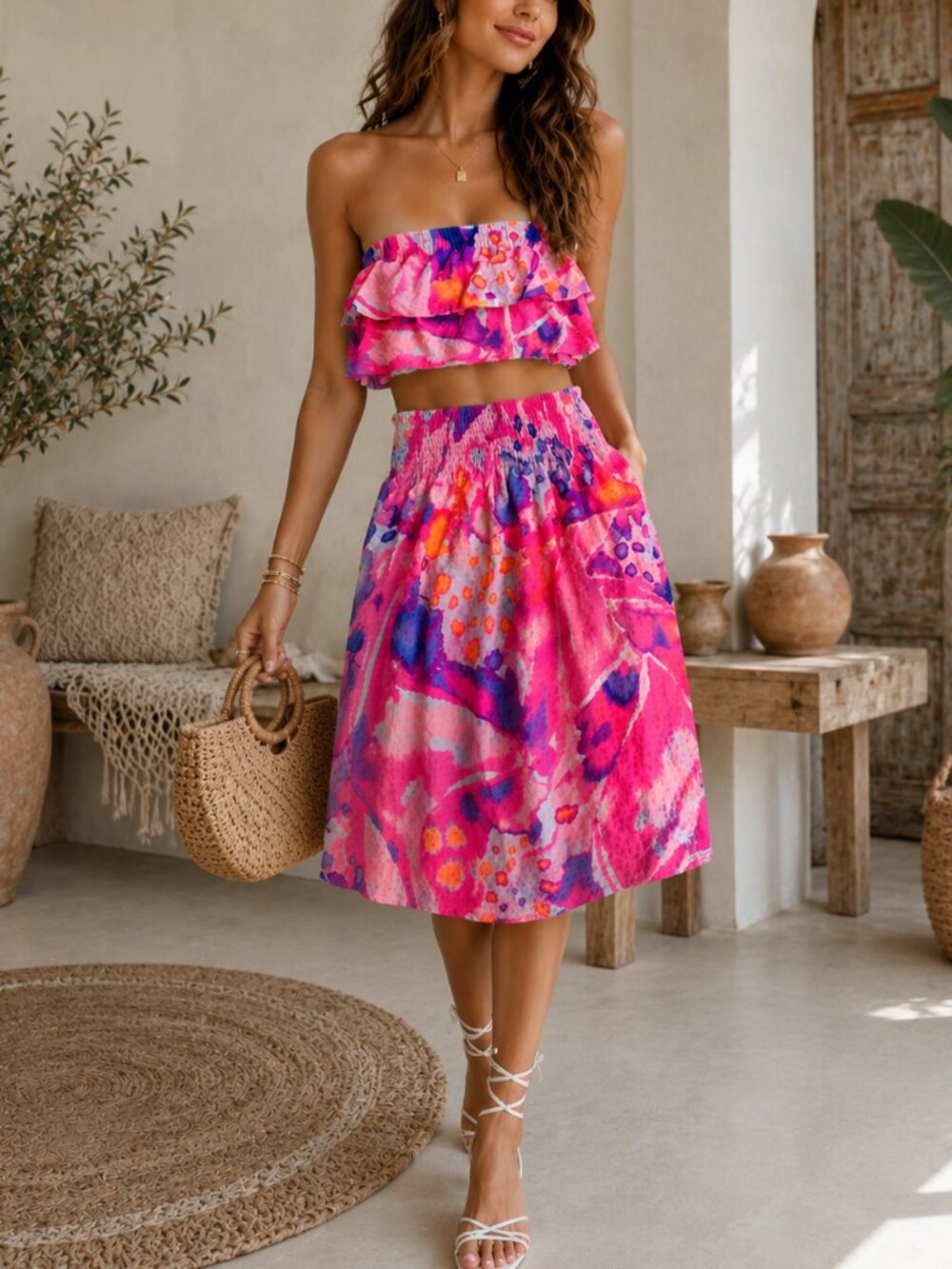Lilly Pulitzer Berk Two-Piece Crop Top & Midi Skirt Set Pink Purple XS $225 Reta